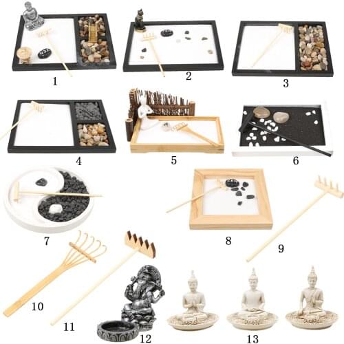Zen Garden Sand Buddha Ornament Statue Natural Stones Wooden Rake Tealight Holder Incense Burner Meditation Crafts