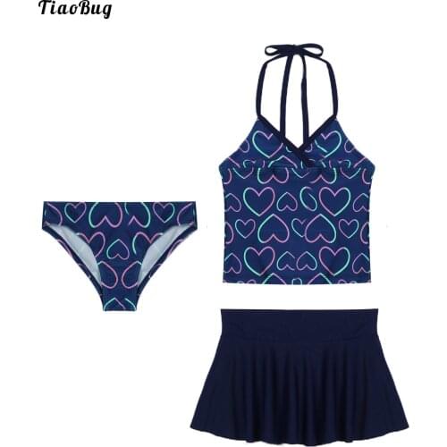 TiaoBug Summer 3Pcs Kids Girls Swimwear Swimsuit Scales Floral Print Swimming Halter Tops With Skirt And Briefs Sets Beachwear