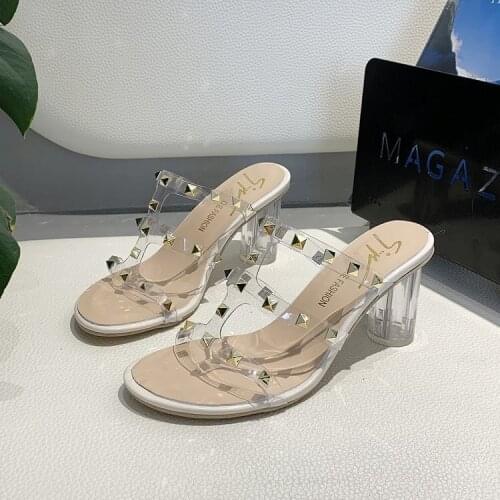 Women Pumps Elegant Peep Toe Rivets High Heels Wedding Shoes Crystal Clear Heeled Slingback Pumps Sandals Sexy Heels Slides 40