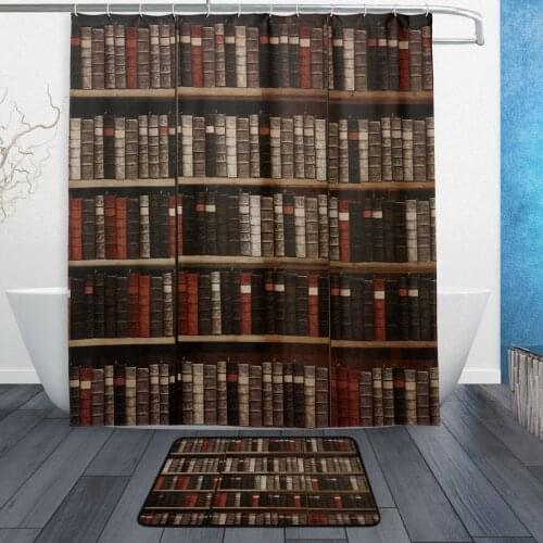 Vintage Book Bookshelf Library Waterproof Polyester Fabric Shower Curtain with Hooks Doormat Bath Floor Mat Bathroom Home Decor