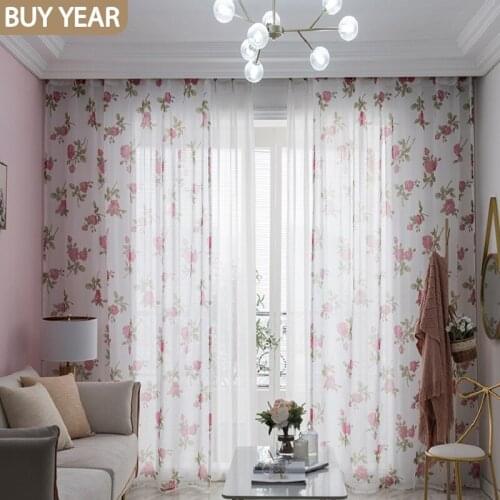 American Country Curtains for Living Dining Room Bedroom Garden Rose Printing Tulle Curtains Finished Product Customization