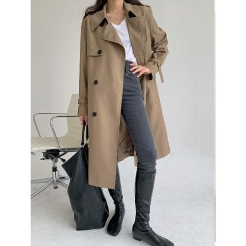 TE022 2021 New Casual Oversized Womens Lapel Double-breasted Windbreaker Jacket Solid Loose Trench Coat With Belt тренч женский