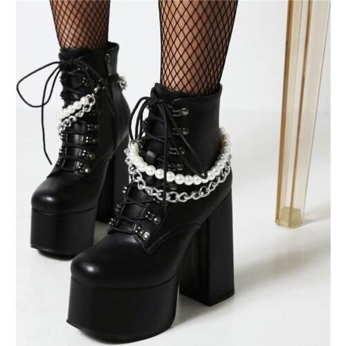 Goth Black Demonia Boots Women Punk Heel Sexy Chain Chunky Heel Platform Boots Female Designers Ankle Boots Lace Up Large Size