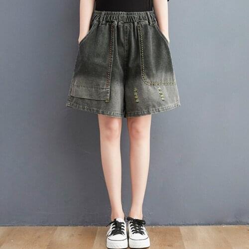 Women Summer Loose Casual Jeans Shorts New Arrival 2021 Vintage Street Style Elastic Waist Thin Female Wide Leg Denim Pants B523