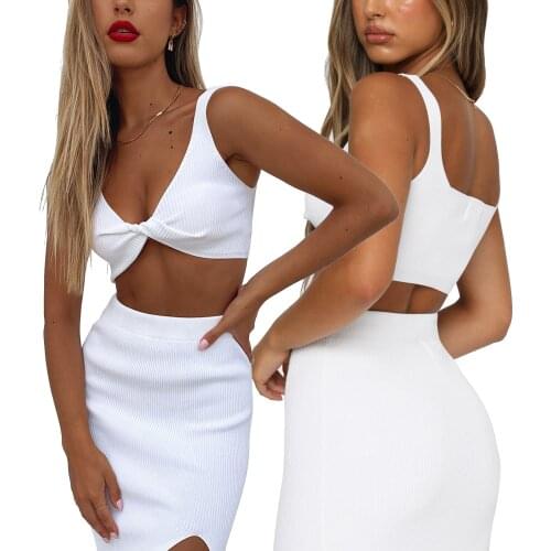 Women Sexy Two-piece Clothes Set, Solid Color V-neck Sleeveless Crop Tops and Slit Dress For Elegant Lady, S/ M/ L/ XL