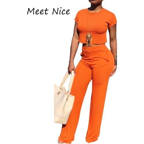 2 Two Piece Set Women Solid Color O Neck Crop Top and Long Pants Set Sexy Short Sleeve Tracksuits Women Conjunto Feminino