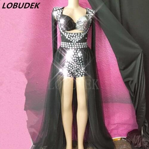 Silver Black Sequins Rhinestones Fringe Bodysuit Tail Crystal Playsuit Outfit Lady Singer Host Performance Clothes Dance Costume