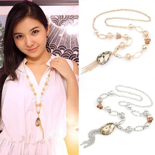 Fashion Long Collares Gold/Silver Water Drop Statement Necklace for Women Tassel Crystal Sweater Chain Necklace bijoux Collier