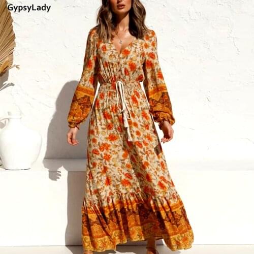 GypsyLady Yellow Vintage Floral Maxi Dress Autumn Boho Women Print Long Dresses Hippie Ethnic Tassels Girl Holiday Dress Clothes