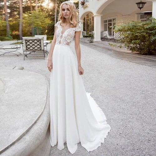 White Ivory Short Sleeves Wedding Dress New Lace Appliques Wedding Gowns Chiffon Bridal Dresses with Train vestido de noiva