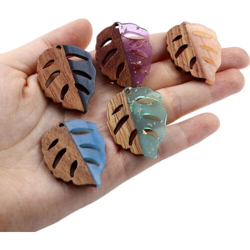 Resin Natural Wood Effect Leaf Pendants Multicolor Charms DIY Making Earrings Bracelets Women Jewelry Gifts 3.7cm x 2.8cm, 3PCs