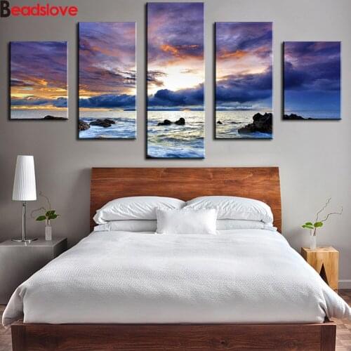5 Piece diamond embroidery Modern decor Ocean scenery diamond painting full square round drill,Seascape landscape wall sticker