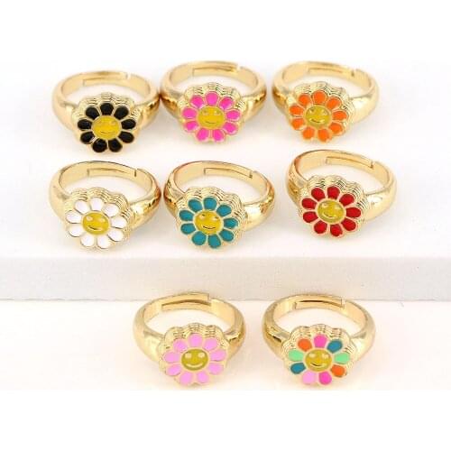 5PCS, Vintage Colorful Enamel Smiley Face Rings For Women Golden Rainbow Flowers Happy Face Rings Couple Jewelry Gift