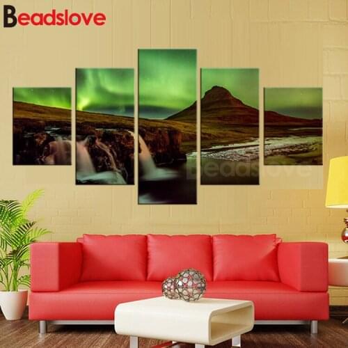 5D Diy Diamond Painting 5 Panel Arctic light waterfall natural Needlework Decorative full Square Round Diamond Embroidery Sale