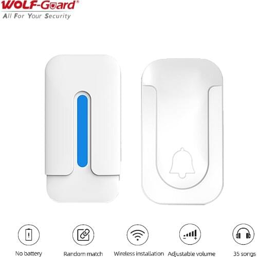 Wolf-Guard 433MHz Self-Powered Wireless Doorbell Fashion 35 Music Cordless Plug-in Door Bell No Battery Mute /90dB /100dB /110dB
