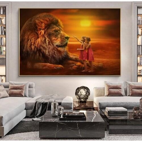Twins With Lions African Art Canvas Paintings on the Wall Art Posters And Prints African Landscape Art Pictures Home Wall Decor