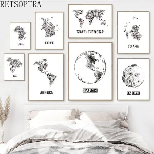 Black White World Map Earth Asia Wall Art Canvas Painting Print wall Poster Room Decoration Picture Home Decore