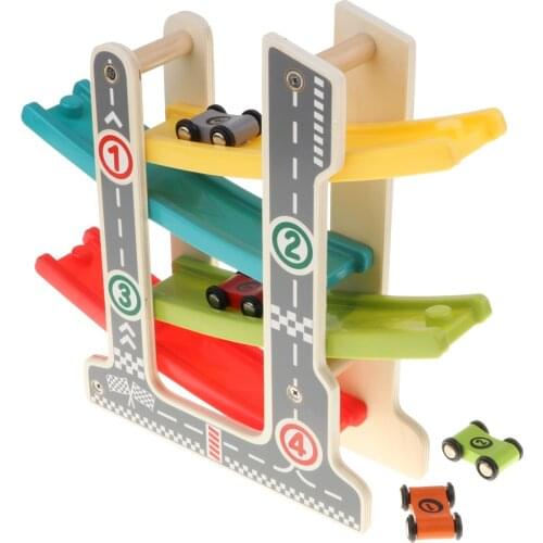 Wooden Slider Click Clack 4 Layer Race Track Playset with 4 Race Cars, Kids Toddlers Preschool Educational Toy