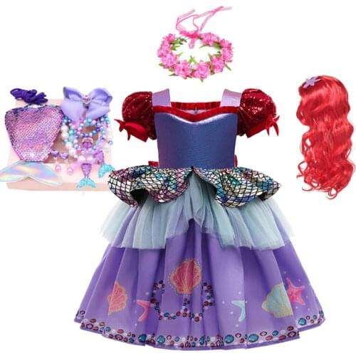 Disney Girl Princess Mermaid Ariel Summer Dresses Children Luxury Party Halloween Cosplay Costume For Halloween Party Dress Up