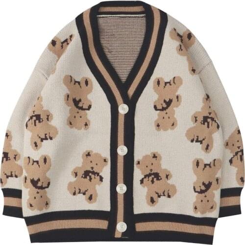 LACIBLE Cartoon Bear Print Knitted Cardigan Sweater Streetwear Harajuku Casual Pattern Button Knit Cardigan Jacket Coats Spring
