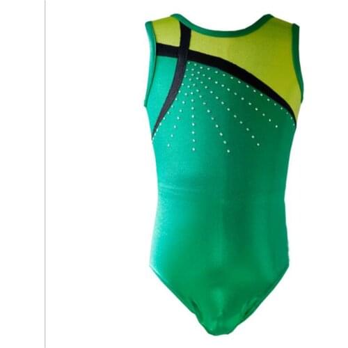 Gymnastics leotard sleeveless green leotard rhinestones shinny performance leotard rave gymnastic leotards