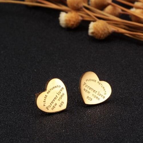 Stainless Steel Forever Lovers Heart Earrings for Women Luxury Small Engraved Stud Earrings Brand Women Jewelry