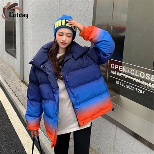 Cotday Stand Collar Cotton The Gradient Orange Temperament Women Casual Winter New High Street Loose Jacket Fashion Parka Coat