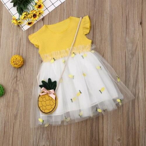 Summer Toddler Kids Baby Girl Pineapple Dress+Bags Ruffles Sleeve Princess Tulle Tutu Dress Sundress 2021 Kawaii Sundress