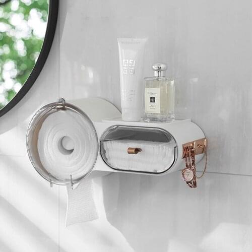 Bathroom Multifunctional Toilet Paper Holder Perforation-Free Self-Adhesive Waterproof Wall-Mounted Tissue Holder Storage Box