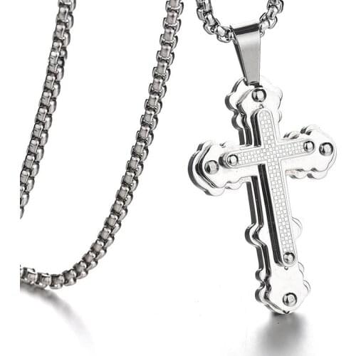 Multi-Layer Cross Pendant Necklace for Men Stainless Steel Chain Link Prayer Religious Male Jewelry