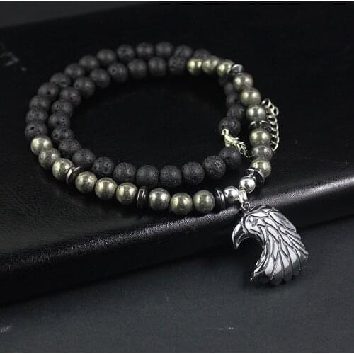 Fashion Mens Lava Stone Natural Prytite Beaded Necklace with Hematite Eagle Head Pendant Jewelry Gift NSN014