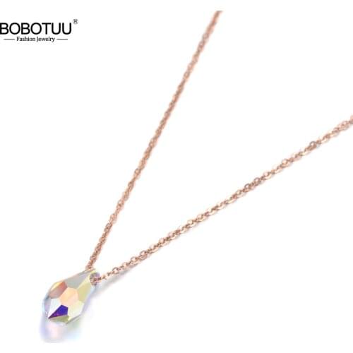 BOBOTUU Trendy Sparkling Water Drop Crystal Pendant Necklace For Women Rose Gold Titanium Steel Chain Necklace Jewelry BN19131