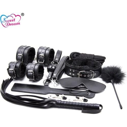 Sweet Dream 10pcs/Lot PU Leather BDSM Set Handcuffs Paddle Mouth Gag Rope Collar Bondage Restraints Sex Toys for Couples DW-101