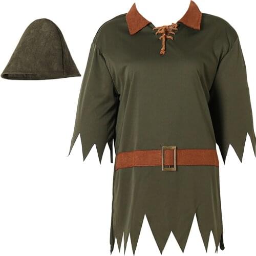 Adult Clothing Robin Hood Outfit Costumes T-shirt with Hat Halloween Cosplay Party Man for Fancy Carnival Dress Up