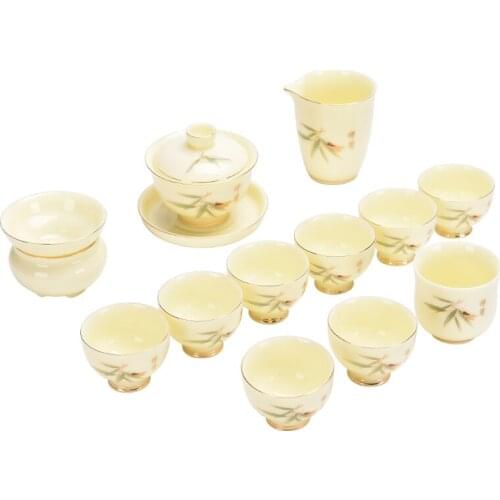 Personalized Creative White Jade Gem Yellow Complete Set Kung Fu Tea Set Suit Household Tea Maker Cover Teacup Tea Cup Set of 6