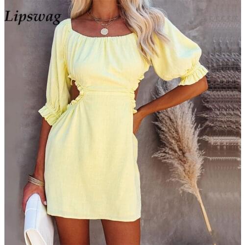 Sexy Off Shoulder Cut Out Backless Party Dress Elegant 3/4 Sleeve Pleated Ruffle Mini Dress Women Solid Fashion Slim Short Dress