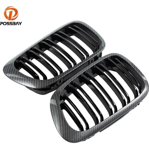 POSSBAY 2Pcs Car Front Hood Grills Imitation Carbon Fiber Racing Grille Fit for BMW 3-Series E46 Cabrio 2000-2003 Pre-facelift