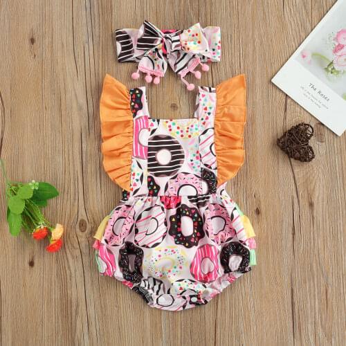Pudcoco 2Pcs Baby Girl Doughnut Print Outfits, Tie-Up Ruffled Square Collar Fly Sleeve Romper + Bowknot Headband with Pompoms