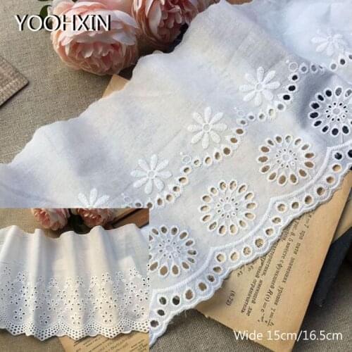 16.5cm Wide Luxury white cotton embroidery flower lace collar Fabric Sewing Applique DIY ribbon trim bridal Dubai guipure decor