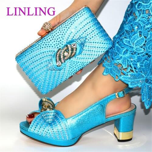 The Sky Blue Color Shoes And Bag To Match Set African 7CM Heels Party Shoes And Bag Set For Royal Party Elegant Best Selling