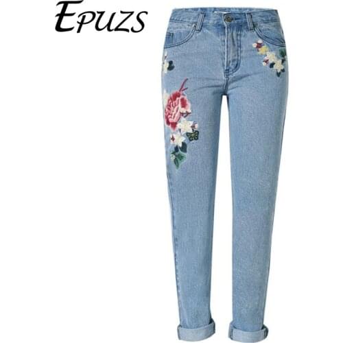 Vintage flower embroidery jeans women high waist jeans Autumn blue pencil slim skinny designer jeans women denim pants 2019