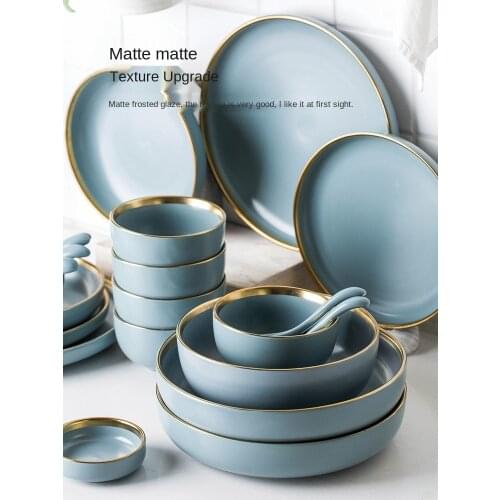 Green Golden Edge Matte Ceramic Light Luxury Tableware Household Rice Bowl Plate Spoon Soup Bowl Plate Set