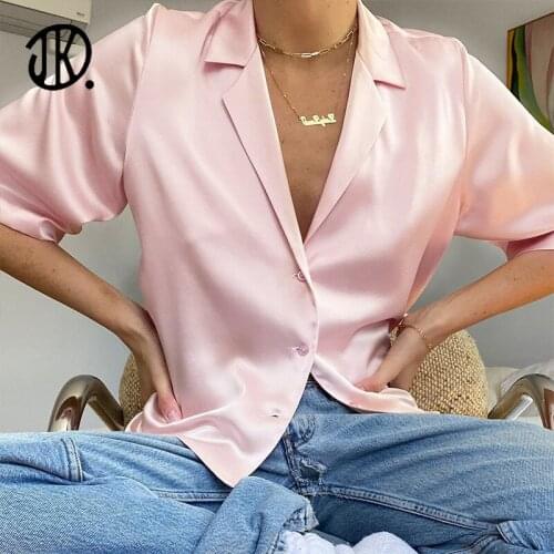 Satin Comfort Button Top Summer Short-sleeved Blouse Deep V-neck Sexy Vintage Shirt Korean Clothes For Women Cropped Shirts Tee