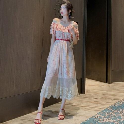 Women Slash Neck Short Butterfly Sleeve Elegant Dresses Summer Office Sexy Party Dresses Vintage Bandage Print Chiffon Dress
