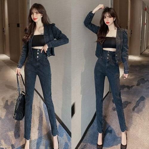 Womens Retro Shic Autumn New Suits Long-Sleeved Waist Denim Jacket + High-Waist Pencil Feet Pants Two-Piece Sets Female
