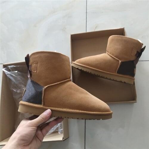 New Fashion Women Warm Ankle bowknot Snow Boots Winter Boot Genuine Cowhide Leather Women Boots Ankle Boots Fur Shoes large Size