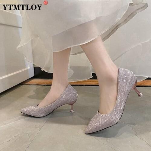 Gold Heels 2021 Womens High-Heeled Shoes Bling Branded Pumps Sandals Ladies Slip On Pointed Wedge Lace-Up Latest Pink