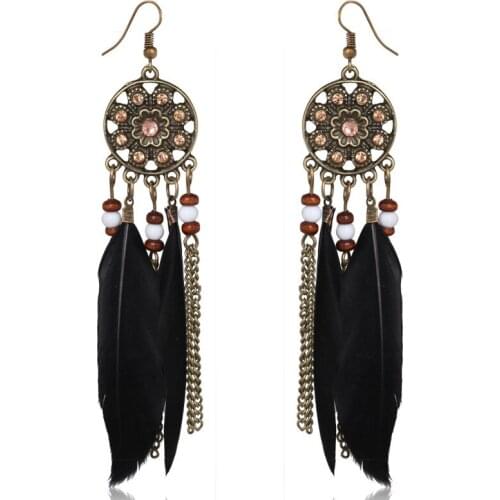 Vintage Bohemia Earrings Antique Metal Tassel Brincos Little Beads Long Nature Feather Drop Earrings Women Gifts Brincos HY-6910