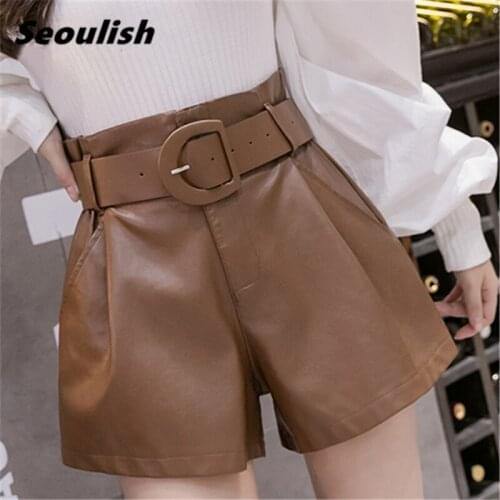Seoulish Autumn Winter Vintage Faux PU Leather Womens Shorts with Belted 2021 New High Waist Wide Leg Office Trousers Female