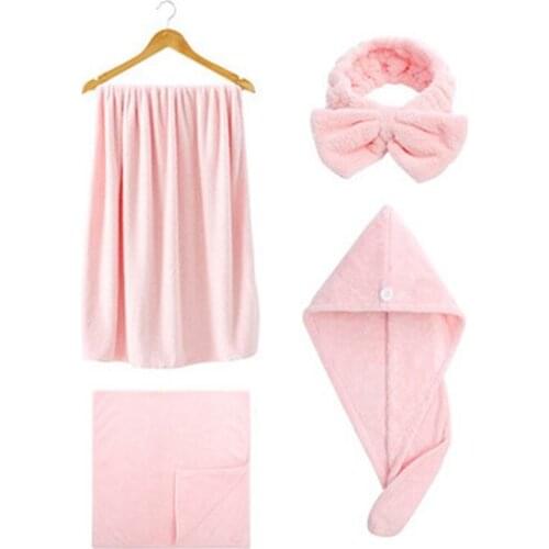 Women Coral Velvet Microfiber Shower Towel+Bath Towel+Dry Hair Cap+Hairband 4 Set Bathroom Accessories Super Absorption